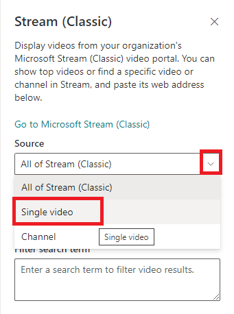 Video Embed using Stream Classic webpart in SharePoint Online Modern Page